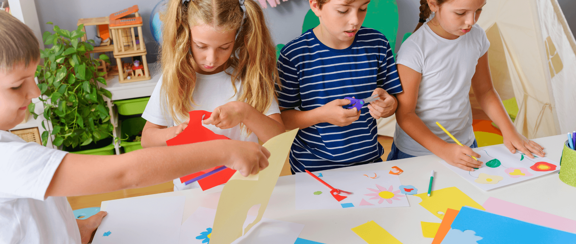 Children crafting in a classroom