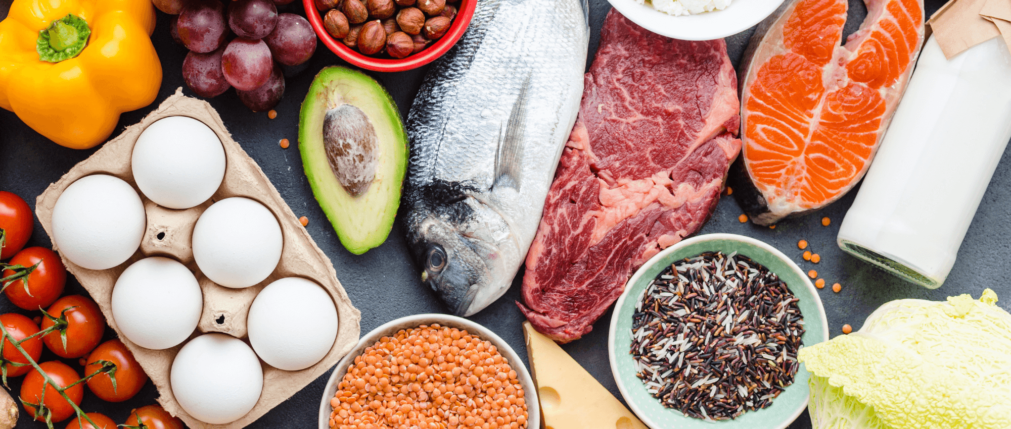 Nutritious table filled with vegetables, eggs, fish, seeds, fruits and seeds