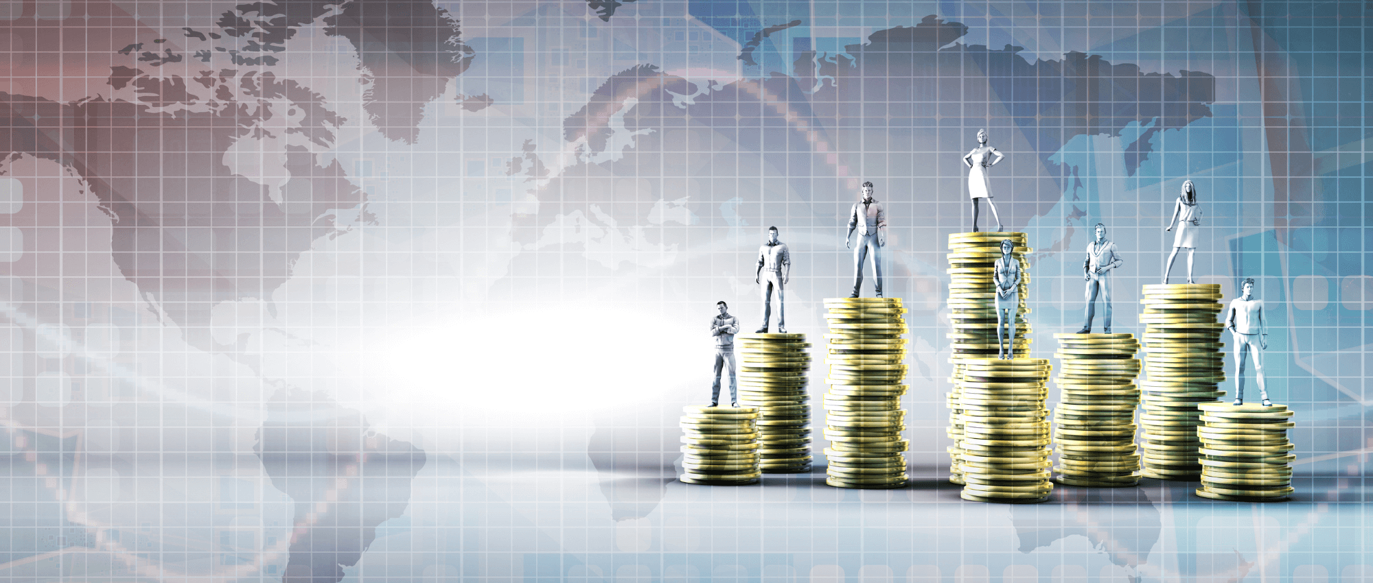 Steel 3d models standing on golden coins with a map background